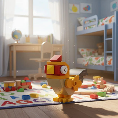 Toy Chicken block in a child's room with toys and furniture.