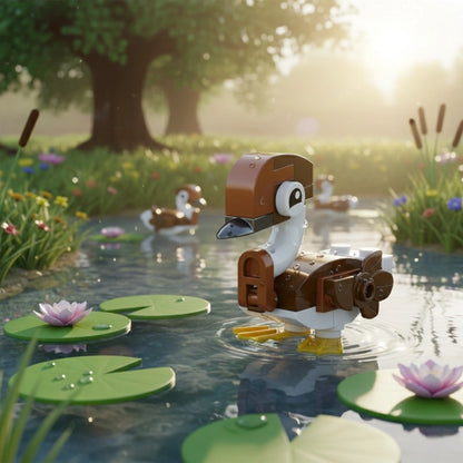 Goose Building Block on a pond with lily pads and a scenic background