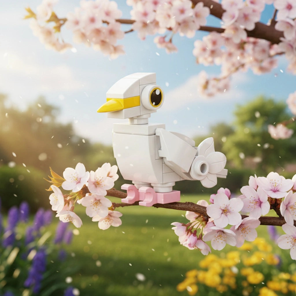Toy bird figure on a cherry blossom branch with a scenic background