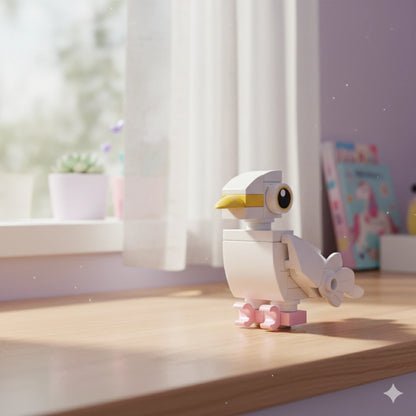 Dove Building Block toy on a wooden surface with a bright background