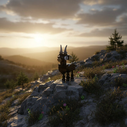 Toy goat figure on a rocky outcrop with a scenic sunset background