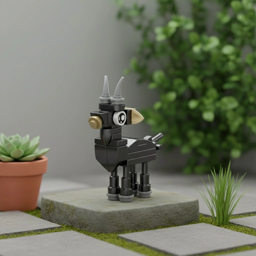 Building Block goat made from building blocks on a stone platform with plants in the background.