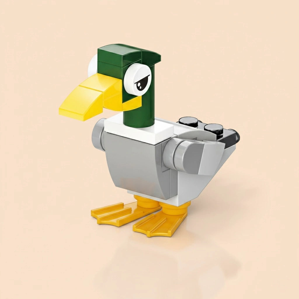 Toy figure of Duck Building Block with a green head, yellow beak, and feet on a beige background