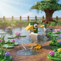Duck building block in a pond with lily pads and a tree in the background