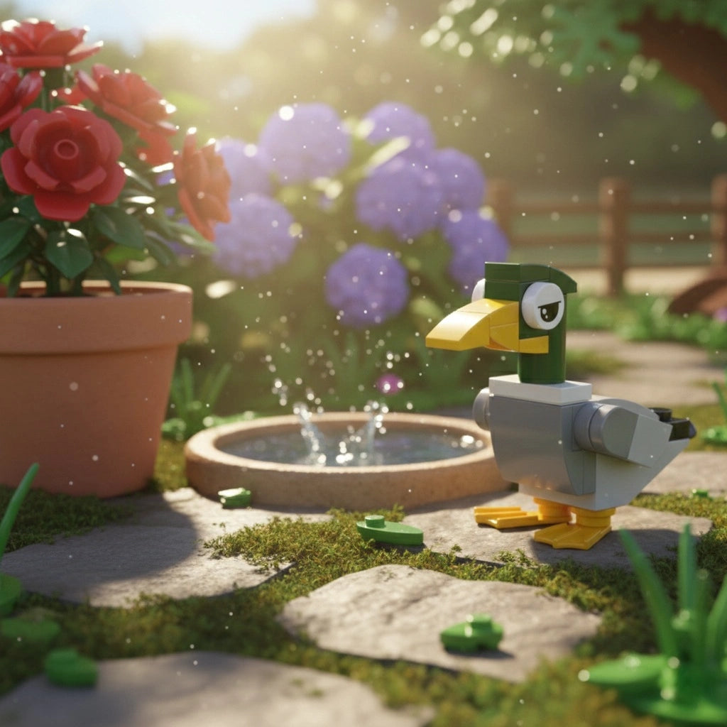 Duck Building Block character by a pond with flowers and a fence in the background