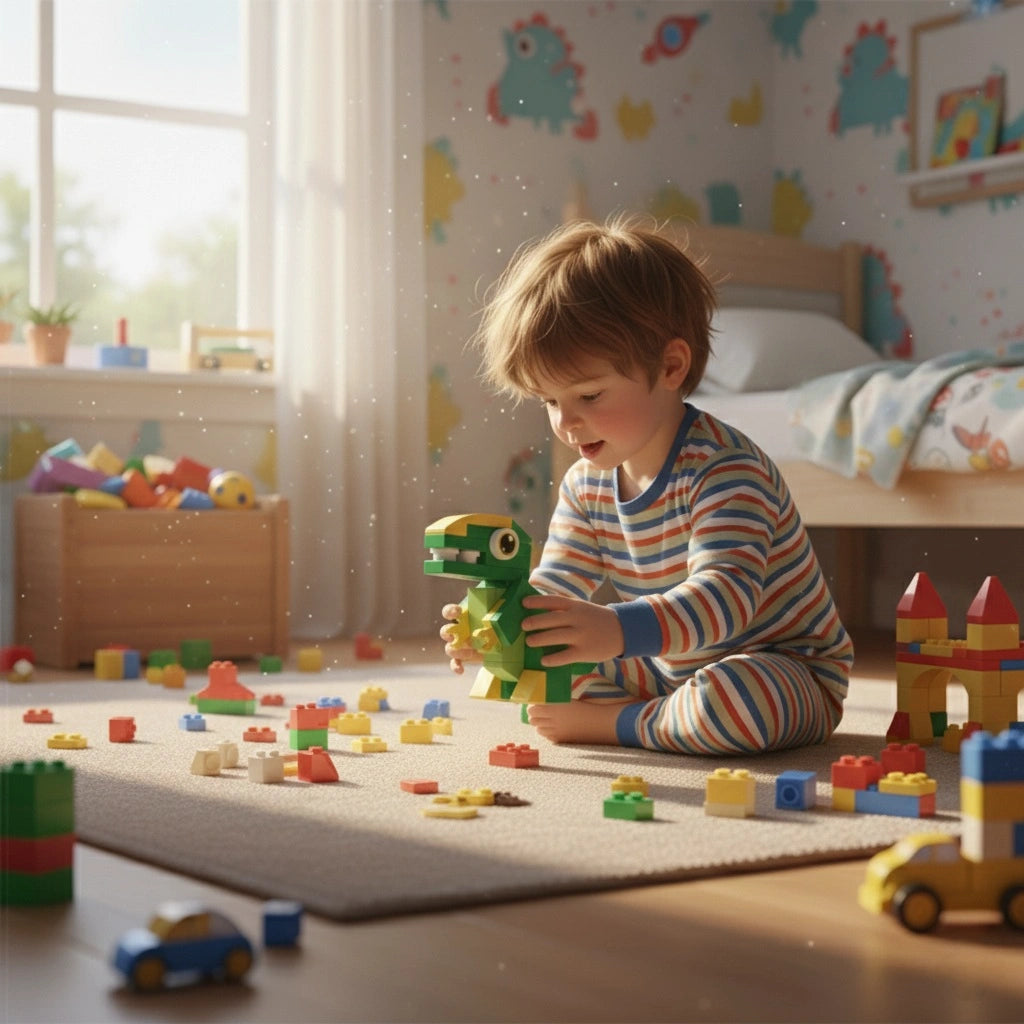 Child's playing with Tyrannosaurus Building Block (1Pc) in the floor.