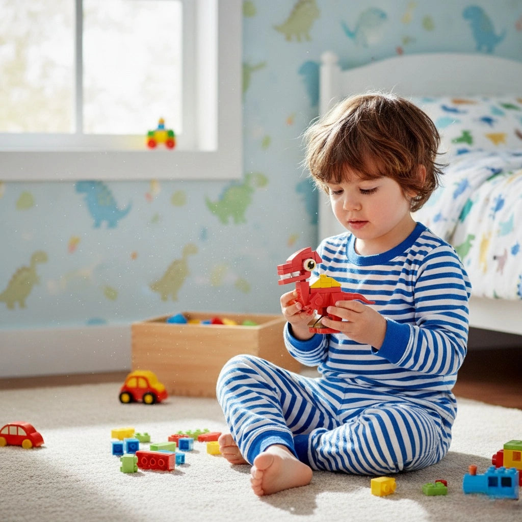 Baby Boy playing with Spinosaurus Building Block (1Pc).