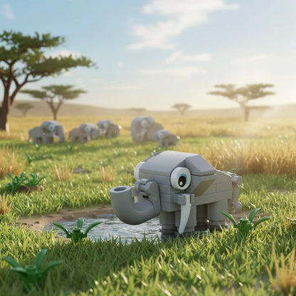 Toy elephant in a grassy field with trees 