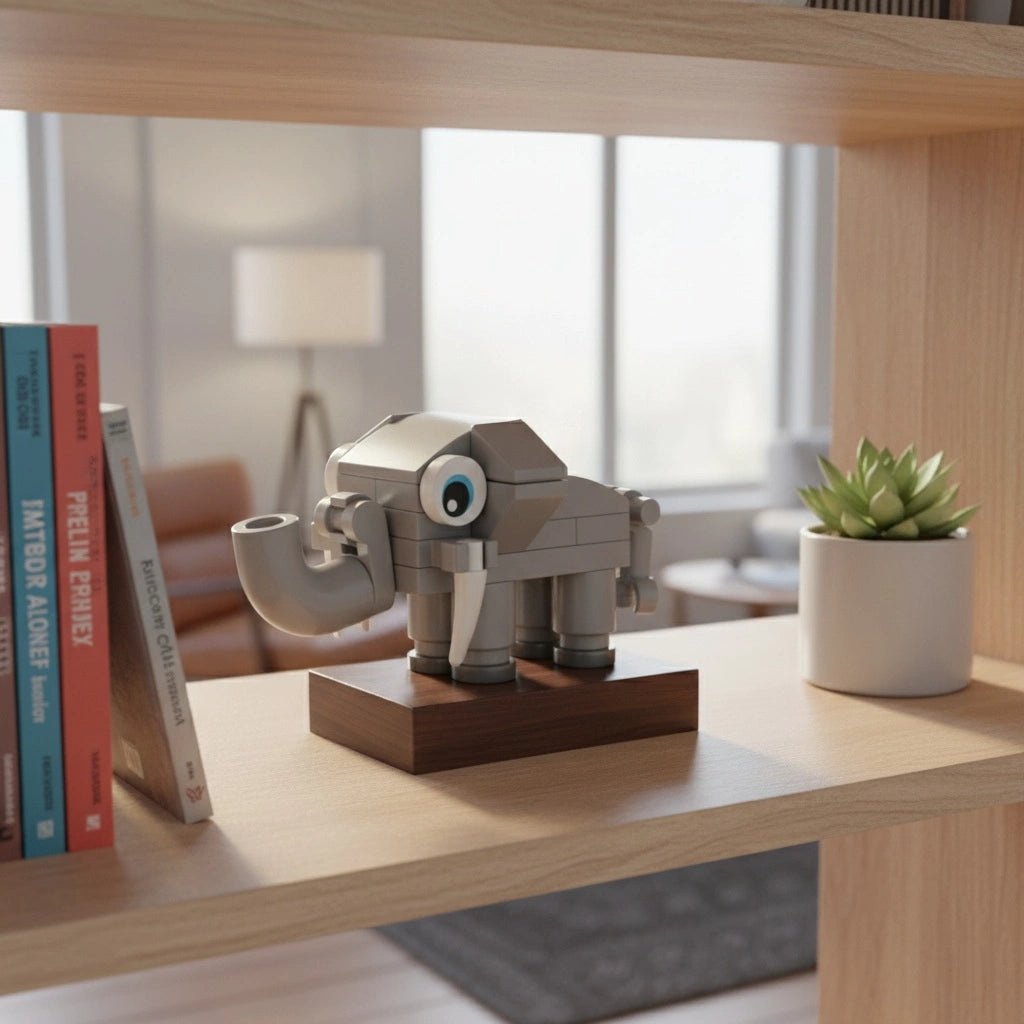 Decorative elephant building block  sculpture on a wooden shelf 