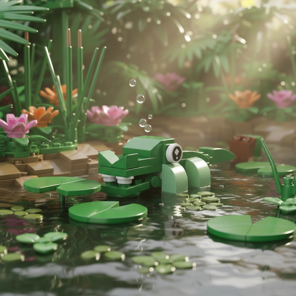 Crocodile Building Block in a pond with lily pads and flowers in a forest setting