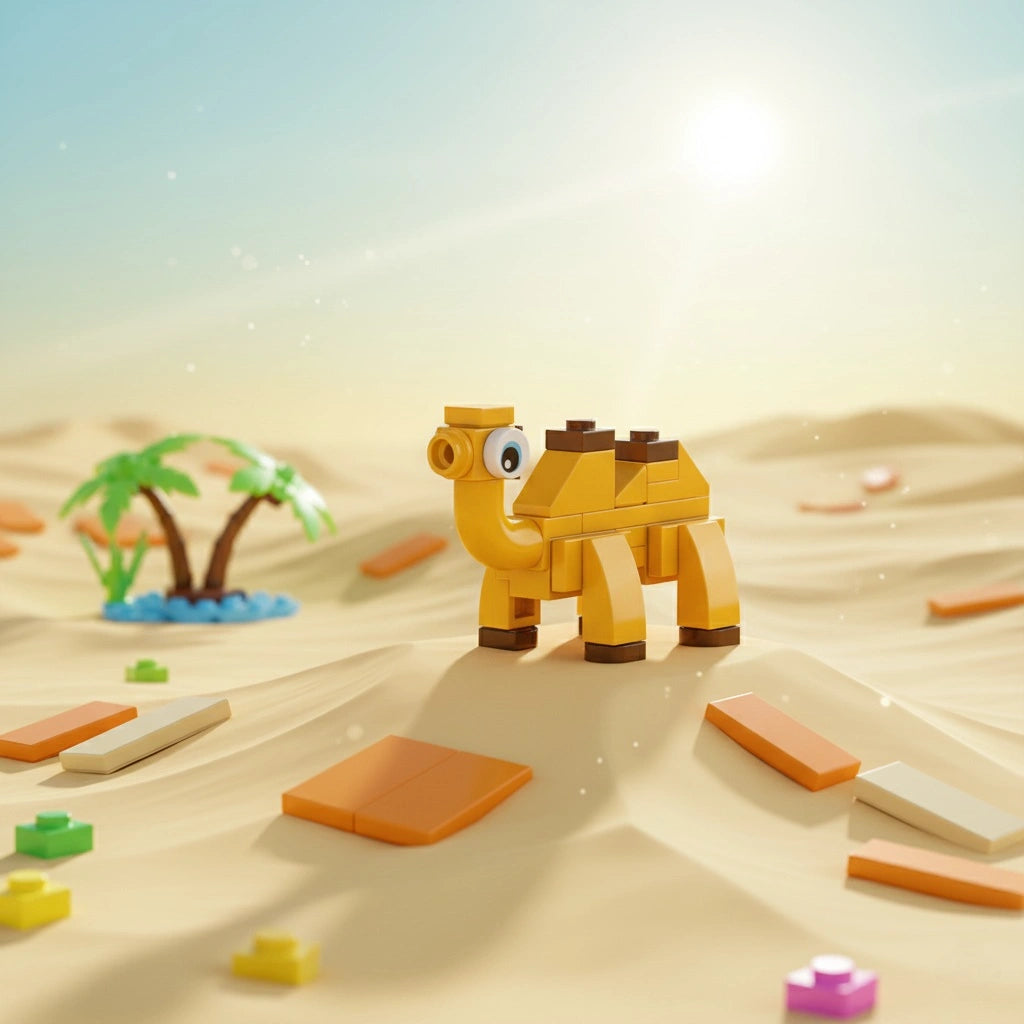 Toy camel made of building blocks on a sandy surface with palm trees .