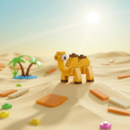 Toy camel made of building blocks on a sandy surface with palm trees .