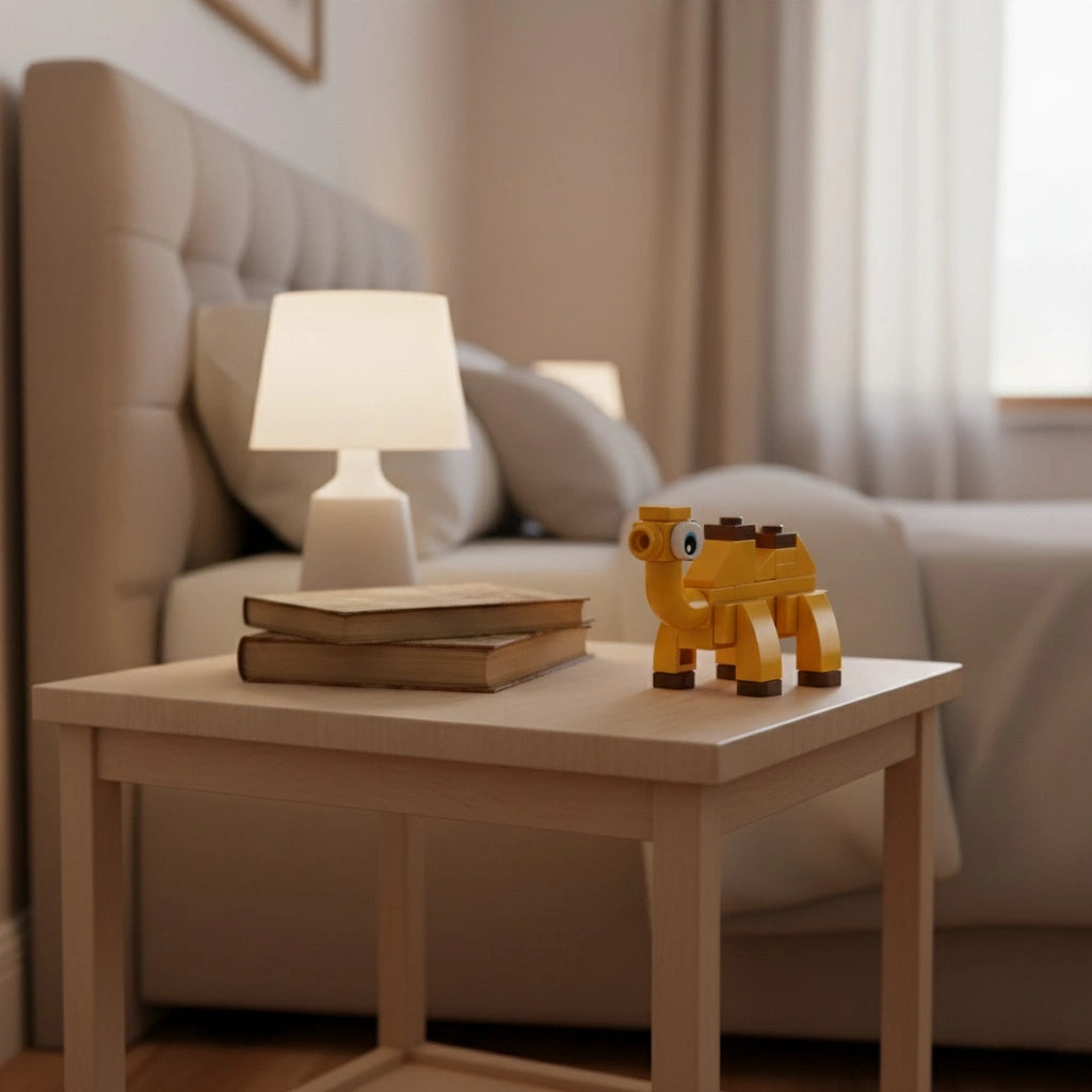 Small wooden Camel Building Block figurine on a side table with books .