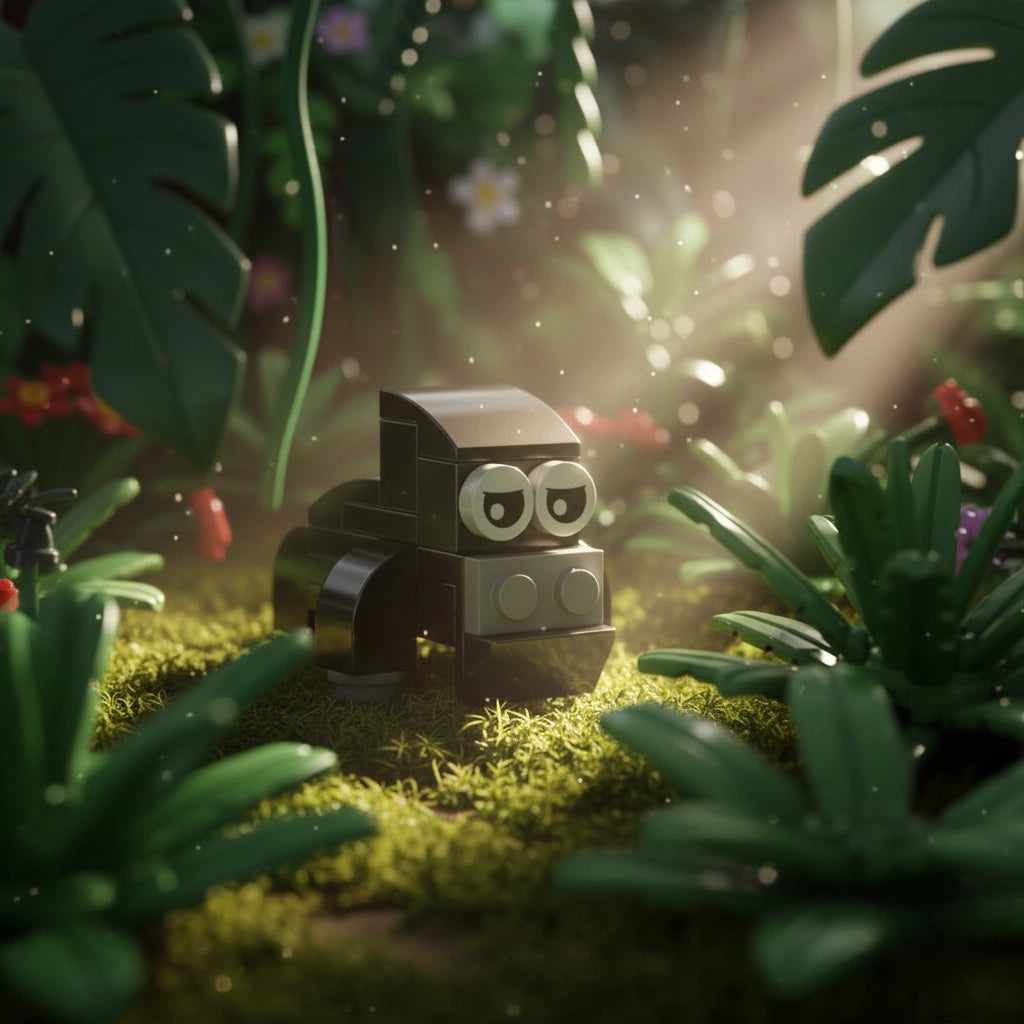 Toy Gorilla Building Block with eyes in a lush green forest
