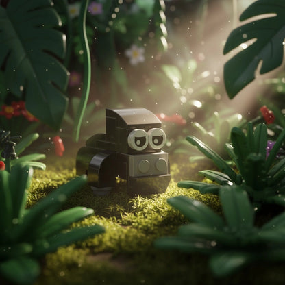 Toy Gorilla Building Block with eyes in a lush green forest