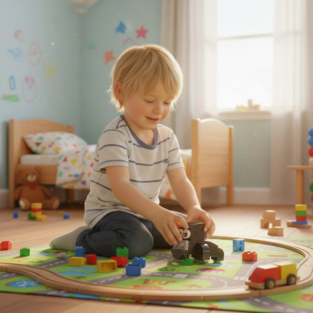 Child playing with toys on a play mat in a room