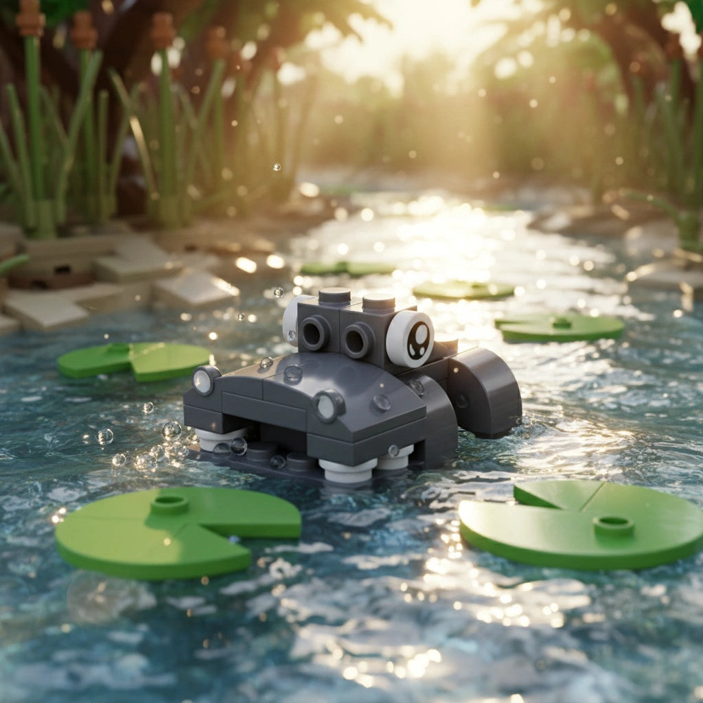 A tiny grey building block hippopotamus floating in a realistic pond with tall reeds and lily pads, bathed in misty light.