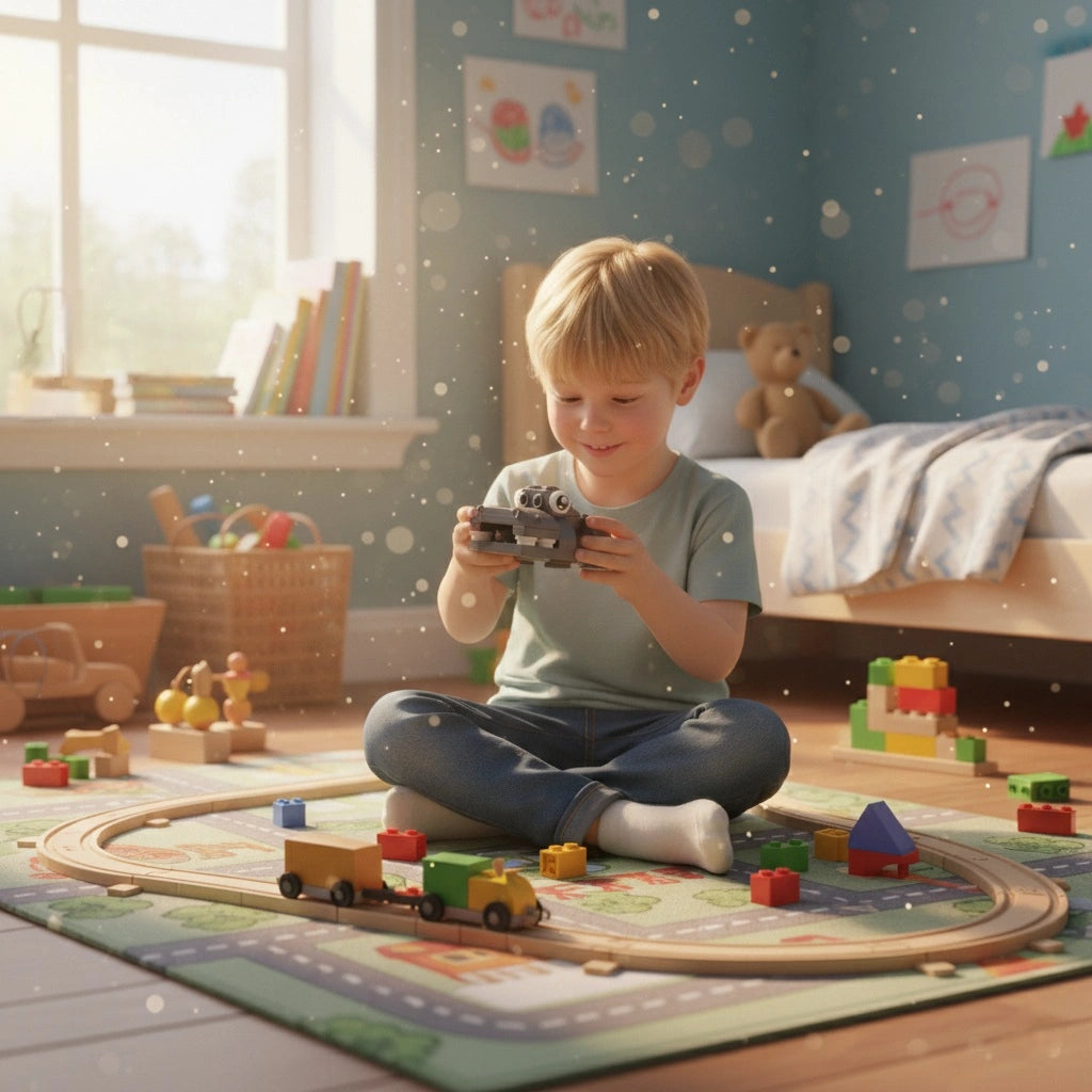 A young boy holding a small grey building block hippo, surrounded by toys in a room.