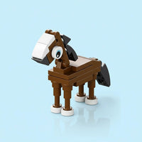 Toy horse made of interlocking bricks on a light blue background