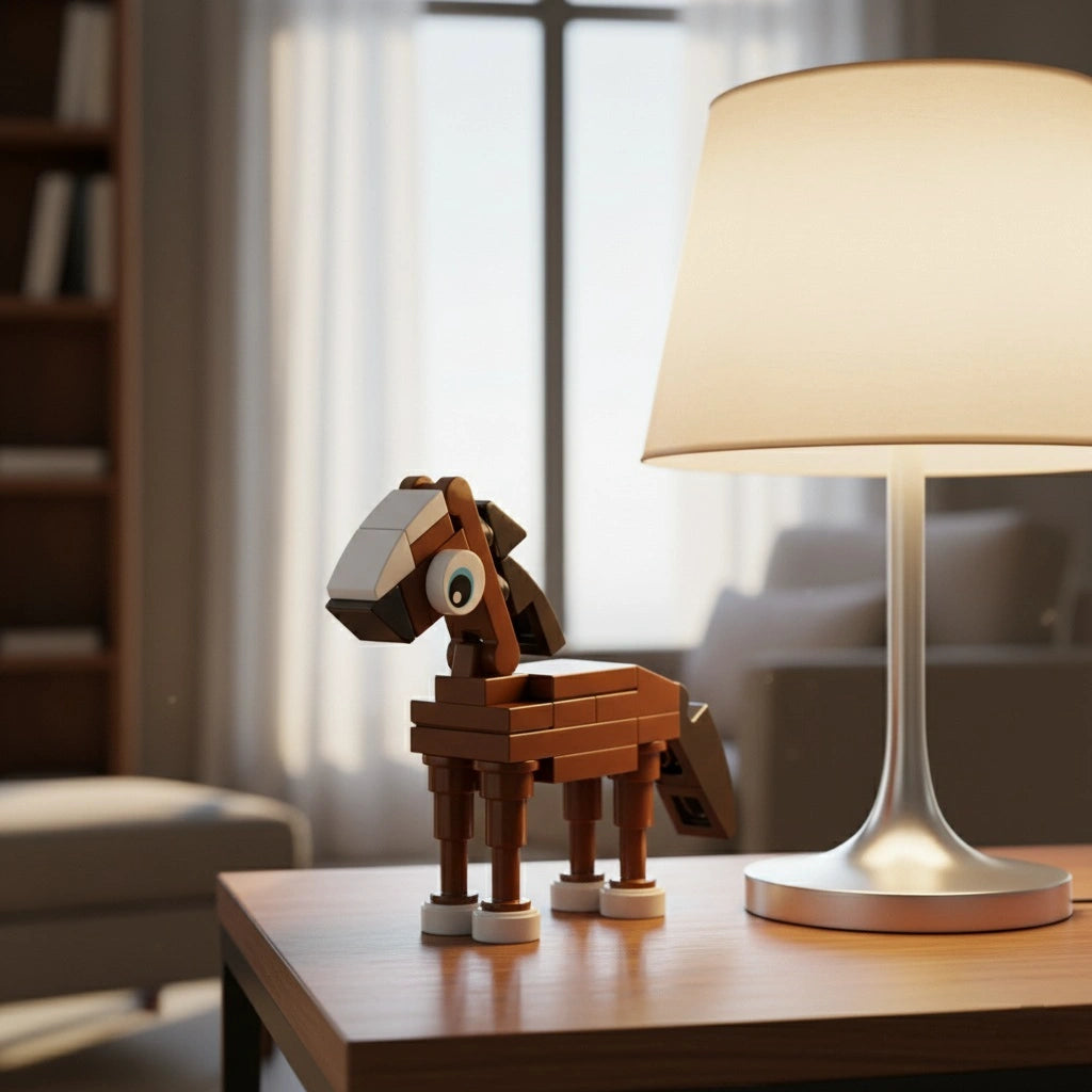 horse figurine on a table next to a lamp in a room setting