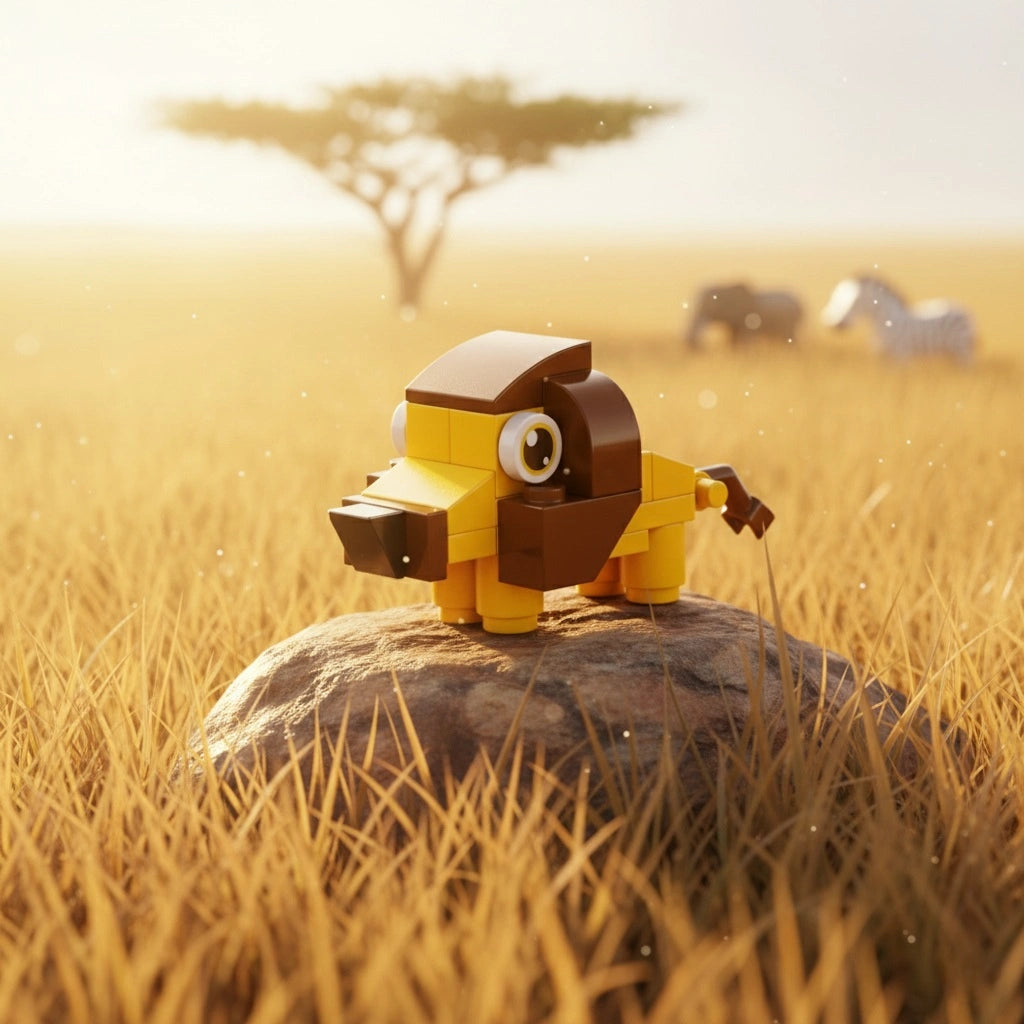 A cute yellow-and-brown lion building block toy standing on a rock 
