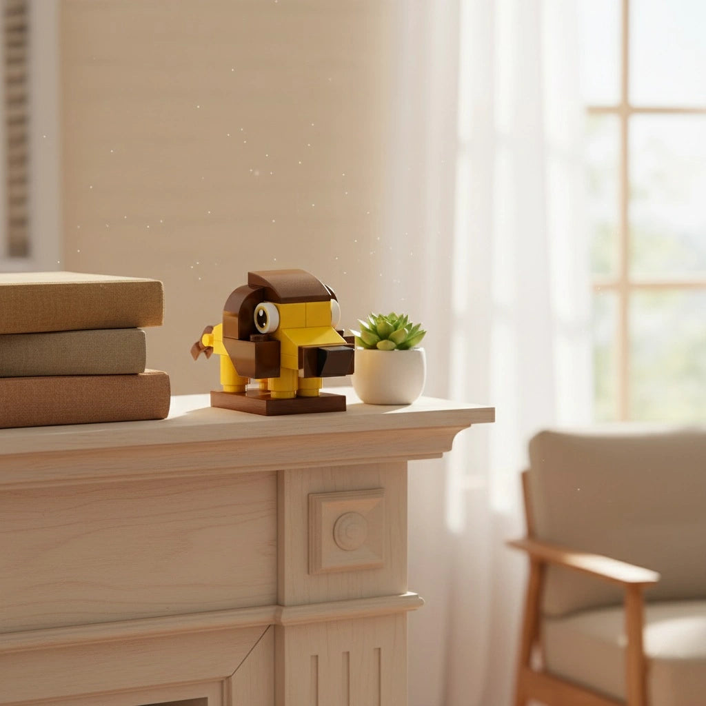 A cute yellow-and-brown lion building block toy displayed on a wooden shelf 