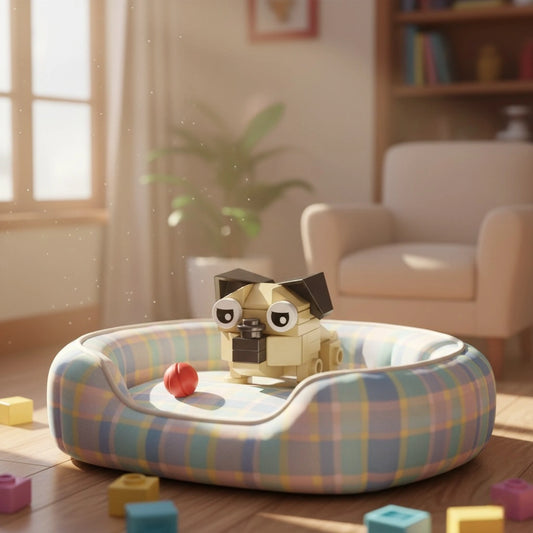 Pug Building Block in the floor cushion