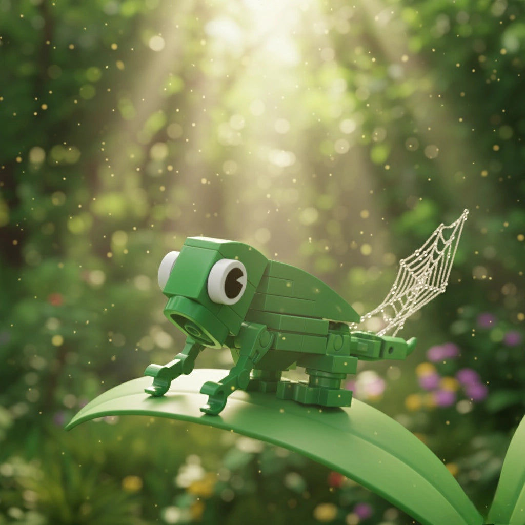 Lizard Building Block with a spider web on a leaf in a forest setting