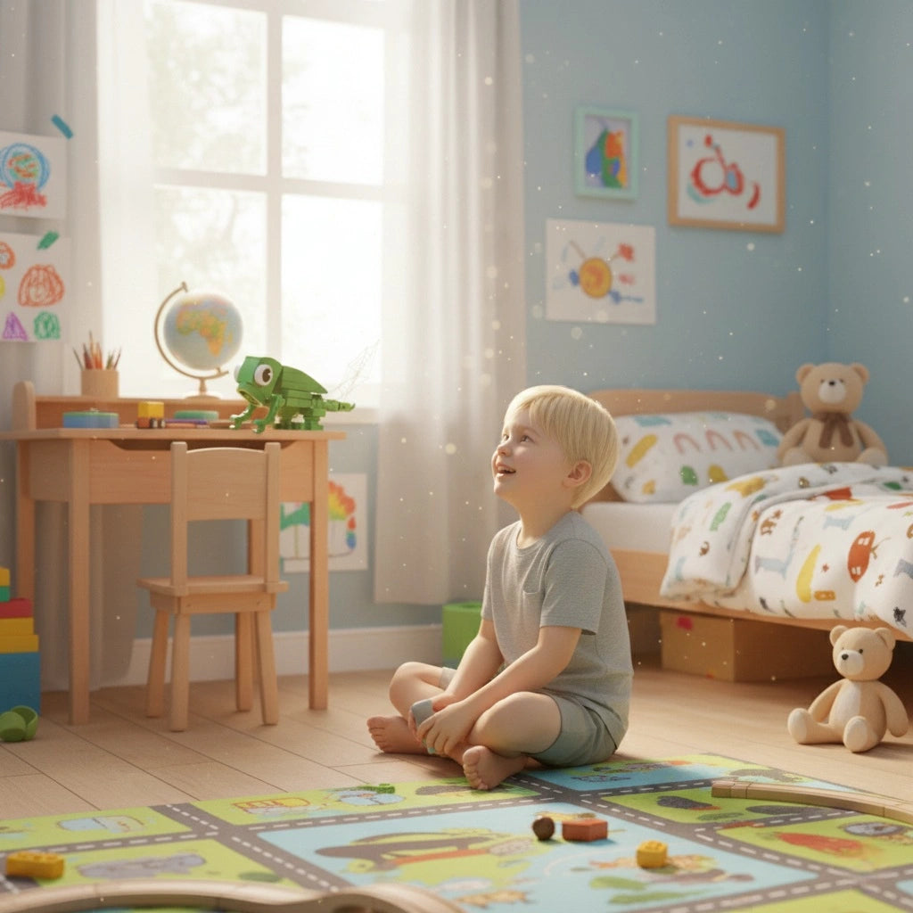 Child sitting on a colorful rug in a bright, child-friendly room with Lizard Building Block Toy