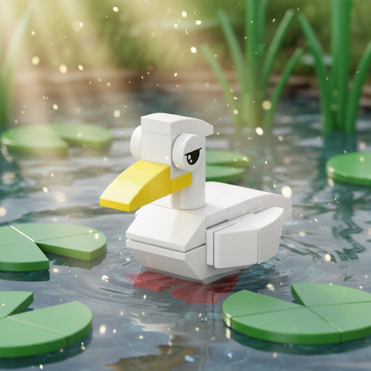 White Duckling Building Block toy floating on water with green lily pads and reeds in the background