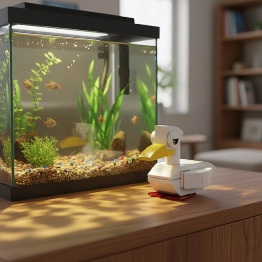 Small white duckling-shaped next to a fish tank on a wooden surface