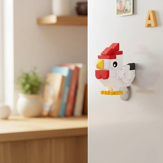 Chick Building Block  hook on a white wall with books and decor in the background