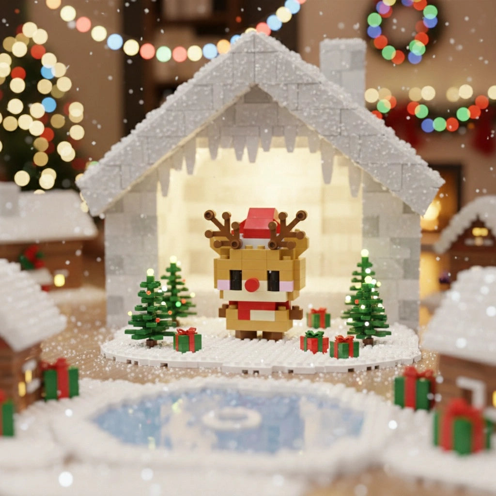 A Christmas Elk Building Block sitting in a snow hut along with a Christmas tree