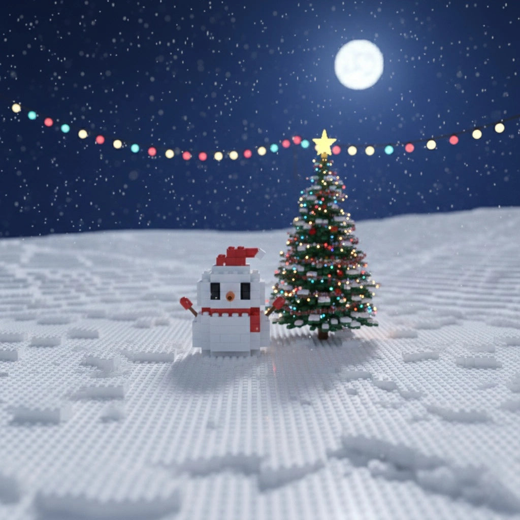 A Snowman Building Block Standing with a Christmas Tree in Moonlight