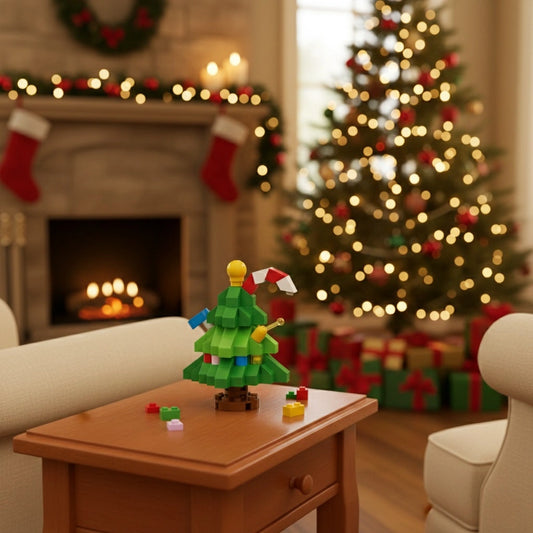 A Christmas Tree standing on a table in a room decorated