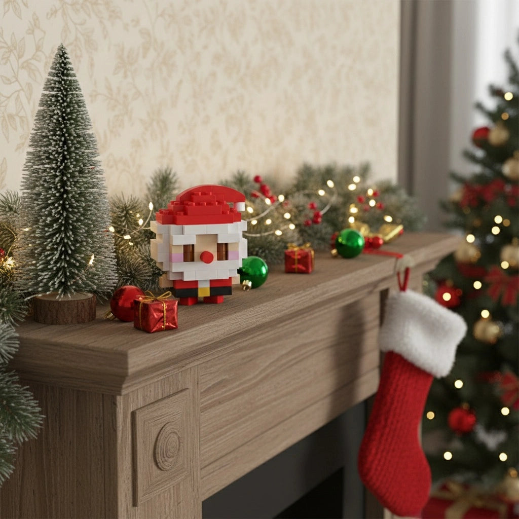 A Santa Claus Building block on a table surrounded with fairy lights