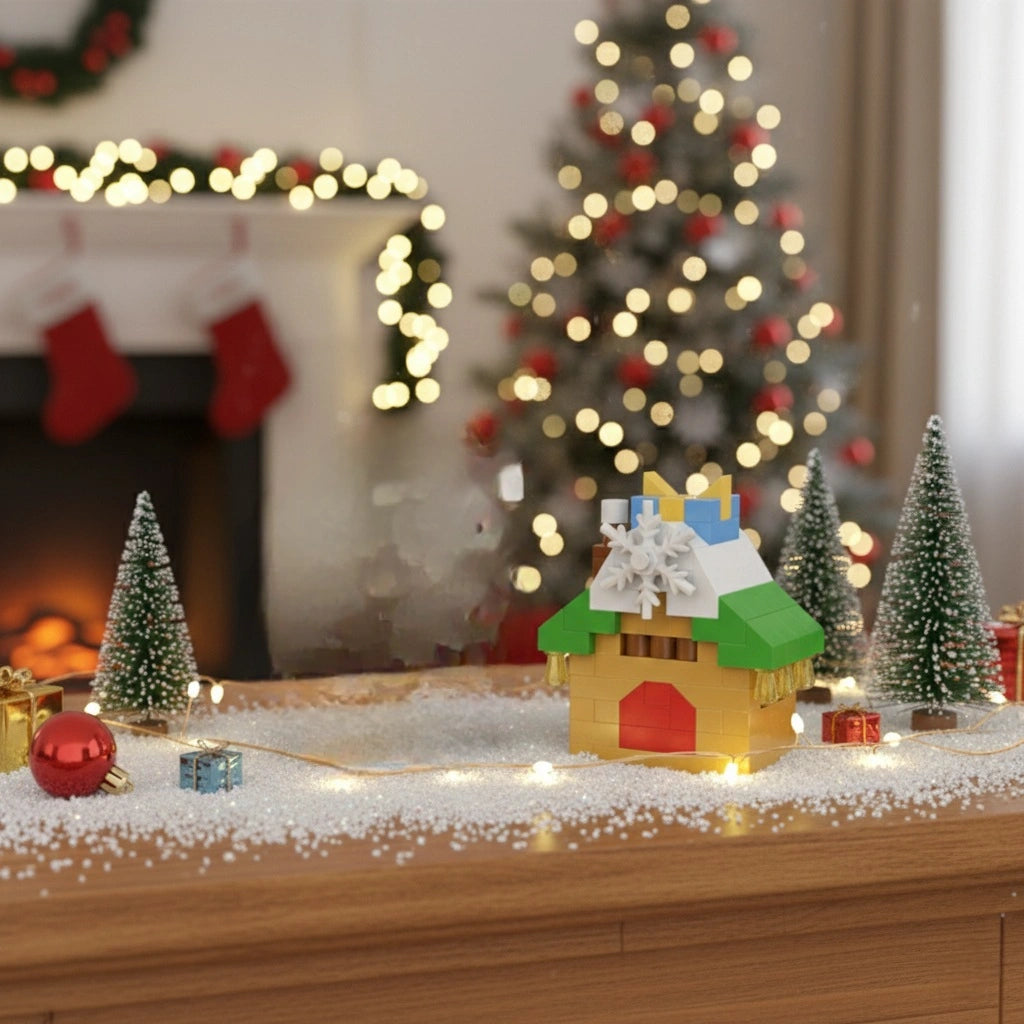 A Christmas House Building Block on a table with Christmas trees and building blocks