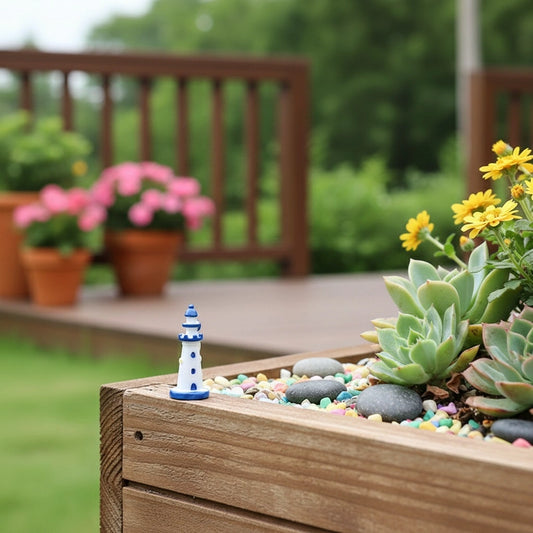 Miniature Sea Side Watch Light Tower (1pc) on the side of wooden planter.
