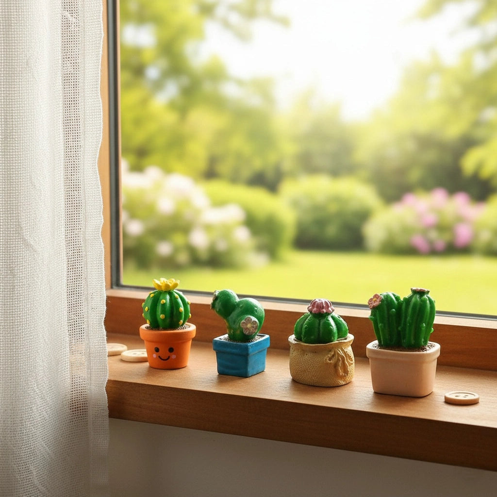 Miniature Cactus Assorted (1pc) on the side of the window.
