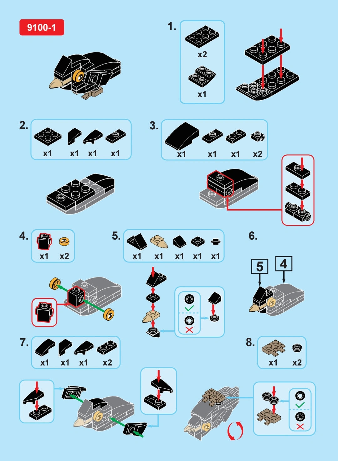 Step-by-step assembly instructions for a LEGO model on a blue background