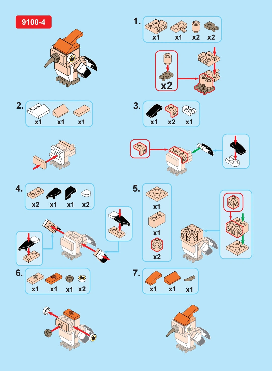 Step-by-step assembly instructions for a toy figure on a blue background