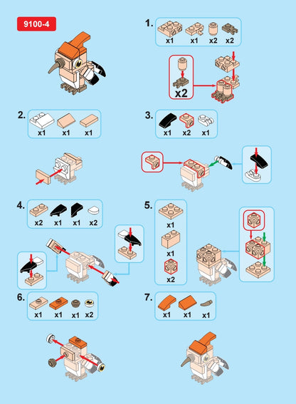 Step-by-step assembly instructions for a toy figure on a blue background