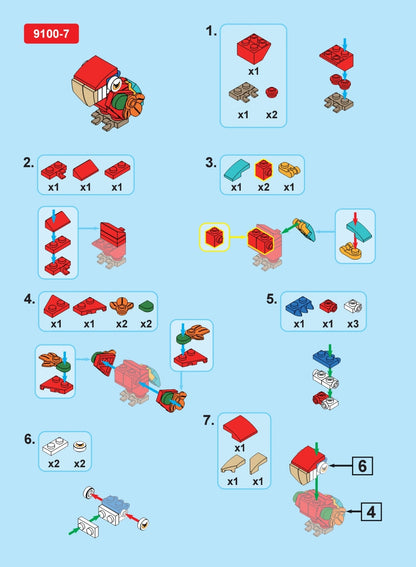 Step-by-step assembly instructions for a toy building set on a blue background