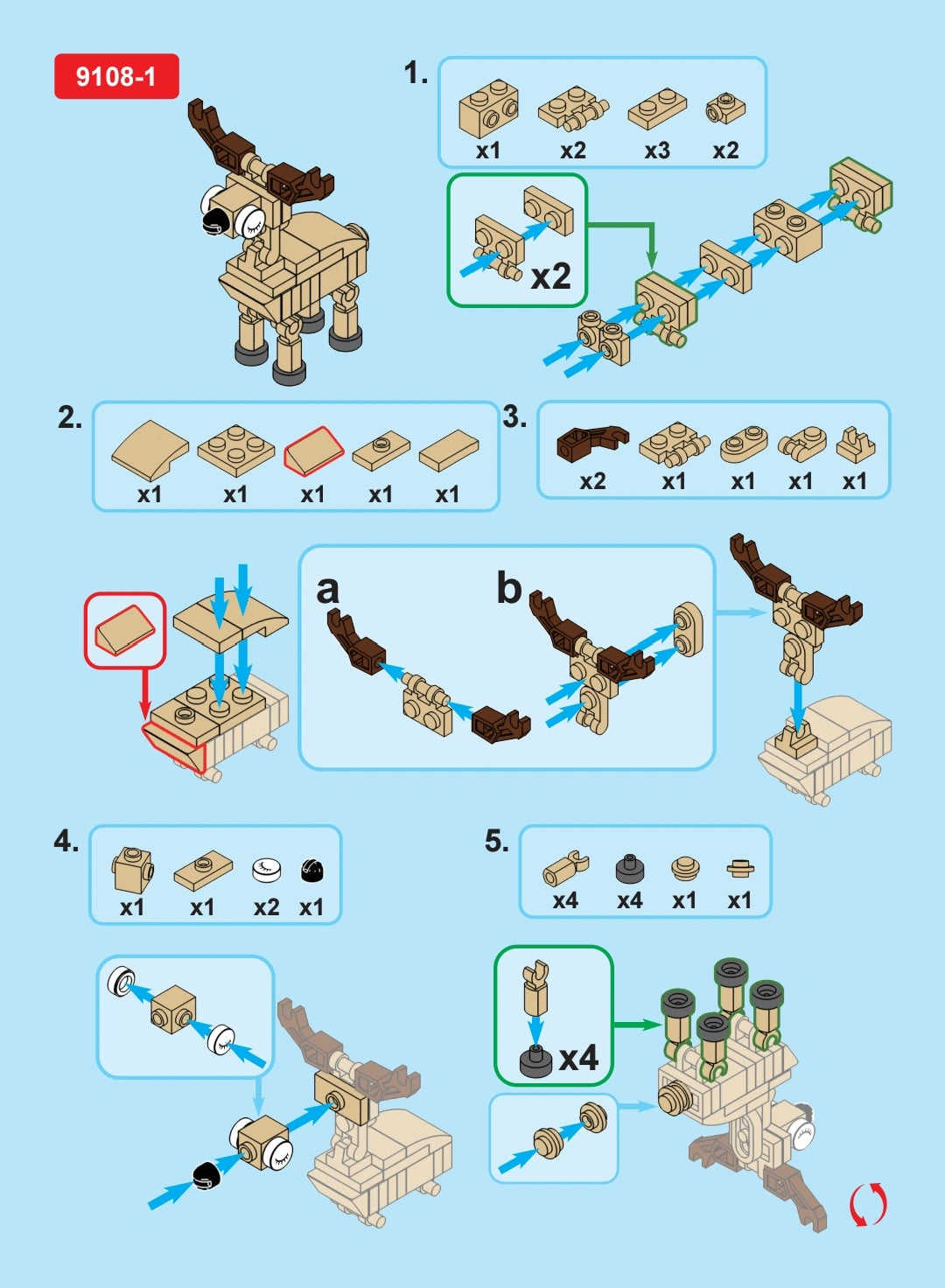 Step-by-step assembly instructions for a toy deer model on a blue background