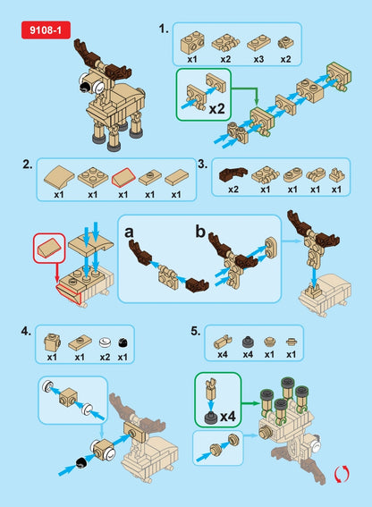 Step-by-step assembly instructions for a toy deer model on a blue background