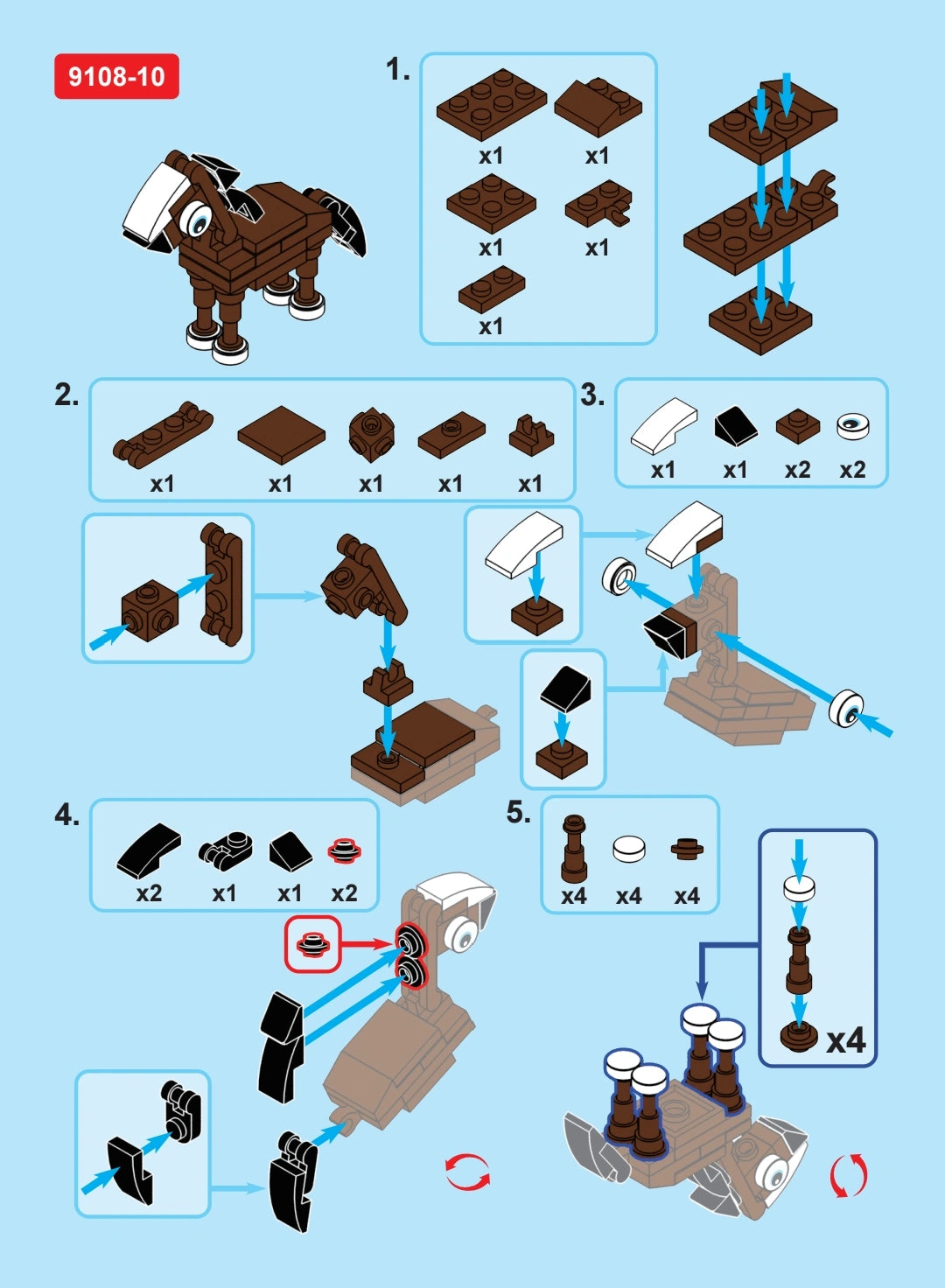 Step-by-step assembly diagram for a toy horse model on a blue background
