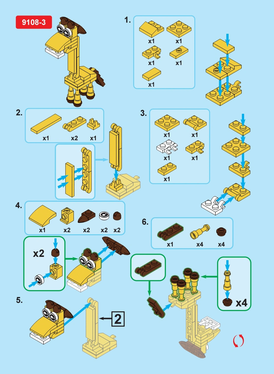 Step-by-step assembly instructions for a  giraffe model on a blue background