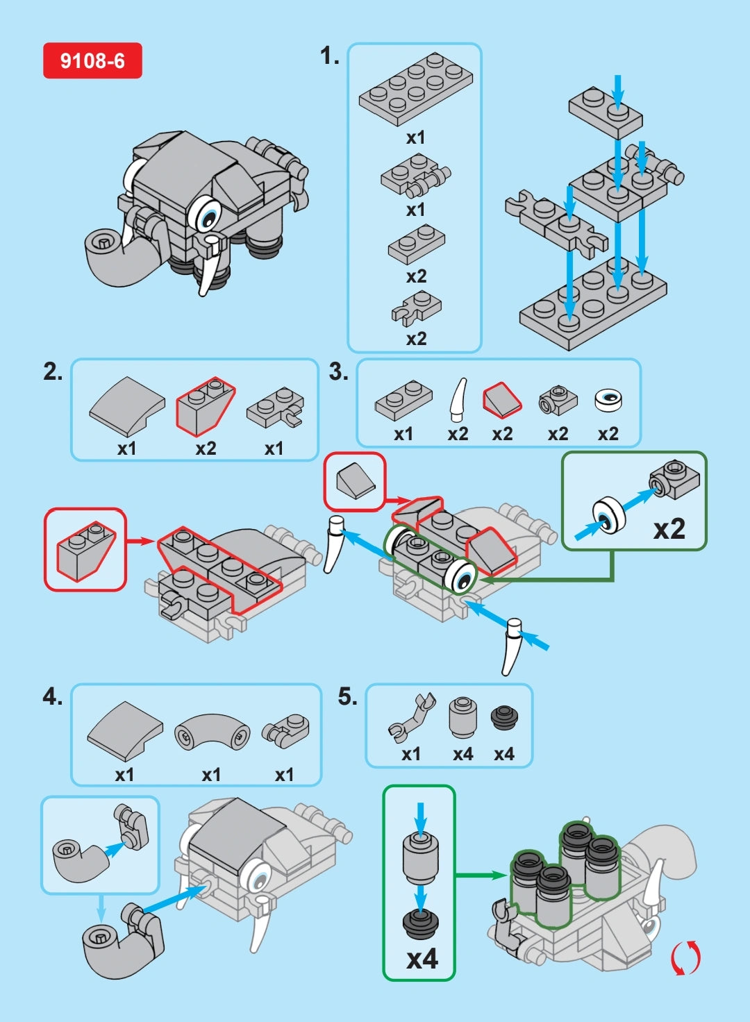 Blocks assembly instructions with step-by-step building guide on a blue background