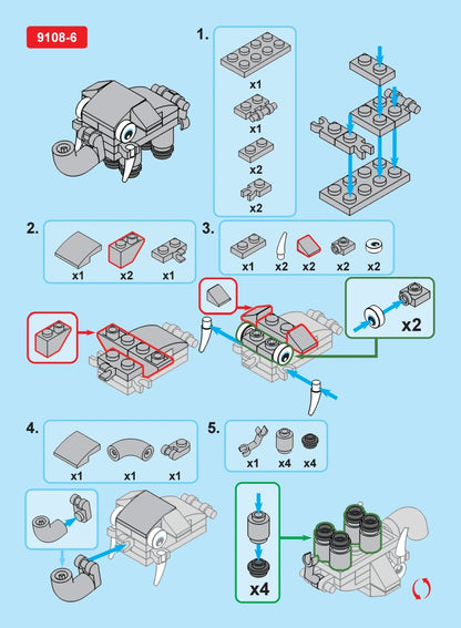 Blocks assembly instructions with step-by-step building guide on a blue background