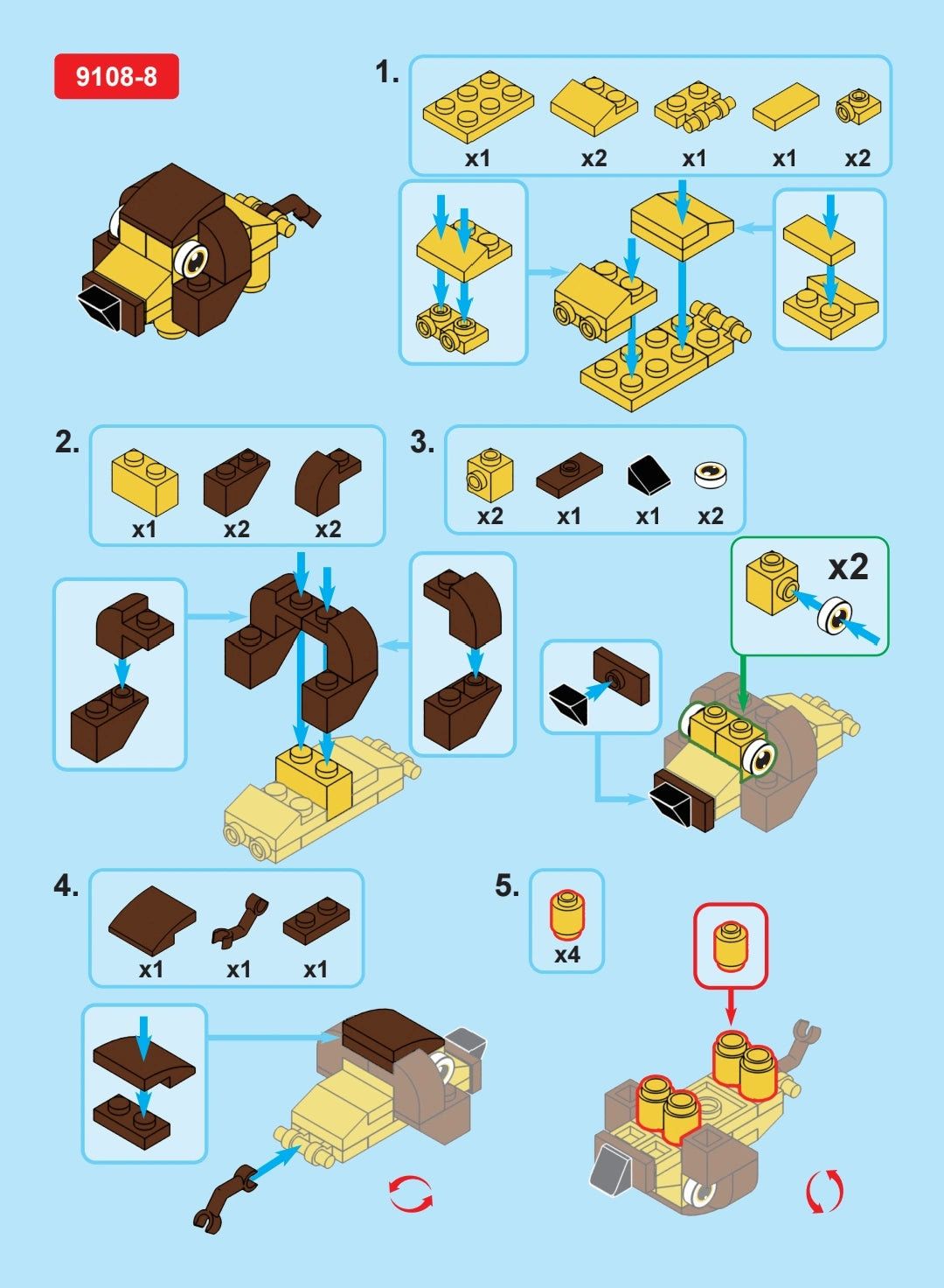Block assembly instructions on a blue background